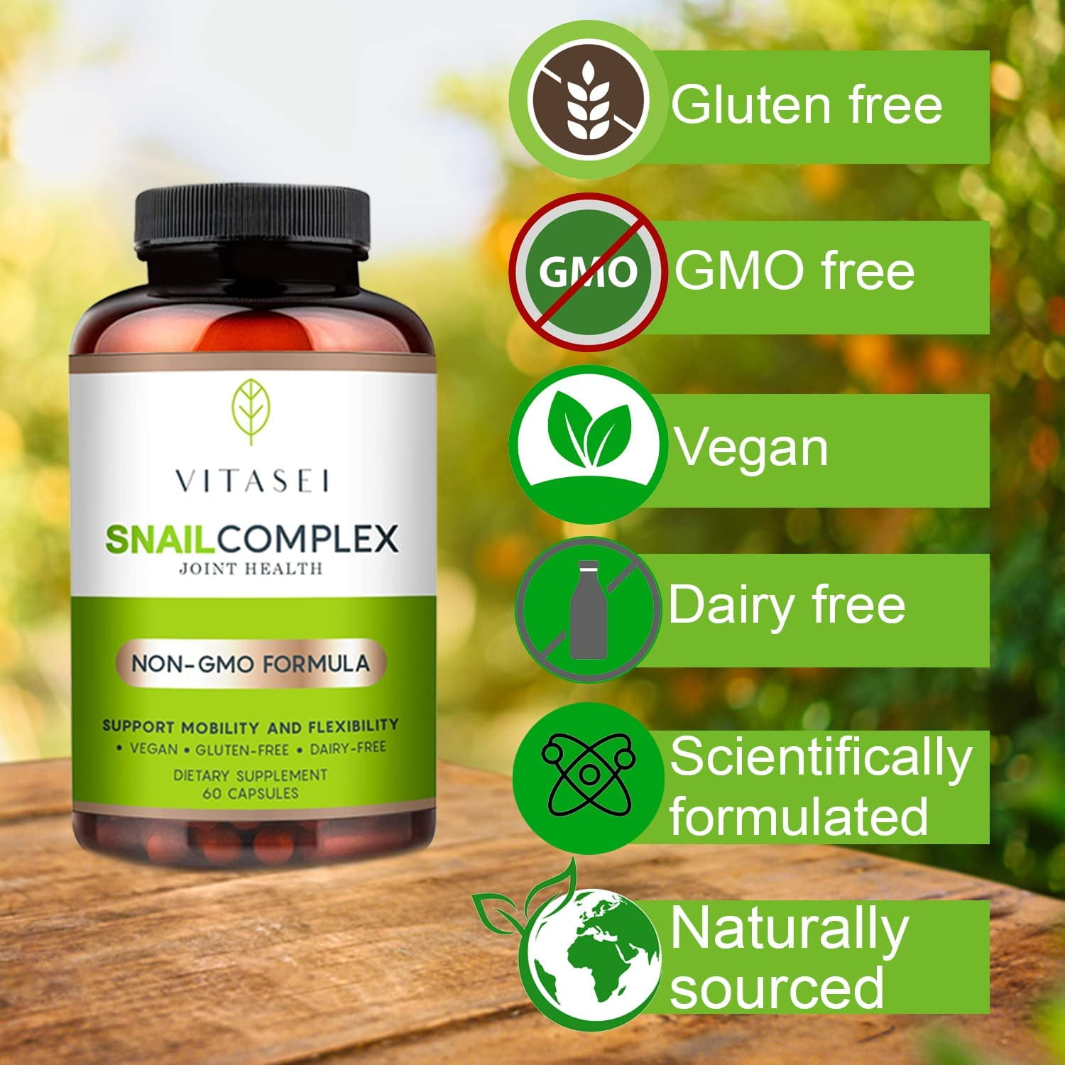 VITASEI Snail Complex Collagen Joint Support Supplement for Women & Men, Supports Mobility & Flexibility, Organic Dietary MSM Supplement, Non-GMO, Gluten-Free, Dairy-Free, 60 Pills