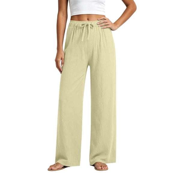 BLVB Cotton Linen Pants for Women Summer Drawstring Pockets Wide Leg Loose Casual Palazzo Pants Beach Vacation Trousers