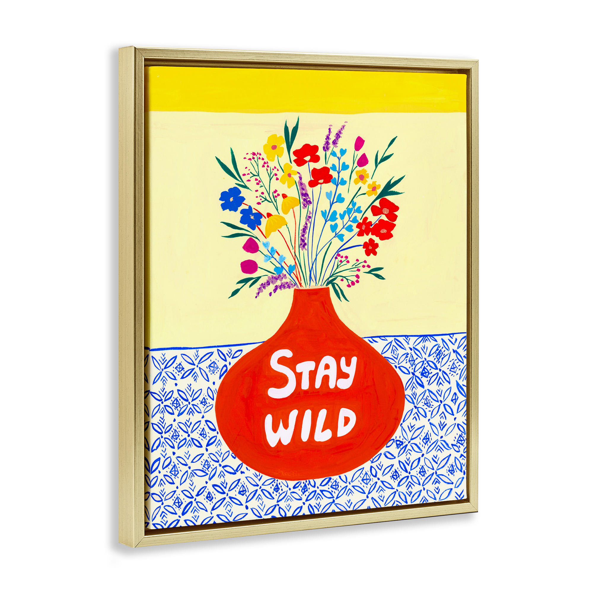 Stay Wild Midcentury Flowers Gold Framed Floater Canvas Wall Art, design by Nabeela Rumi