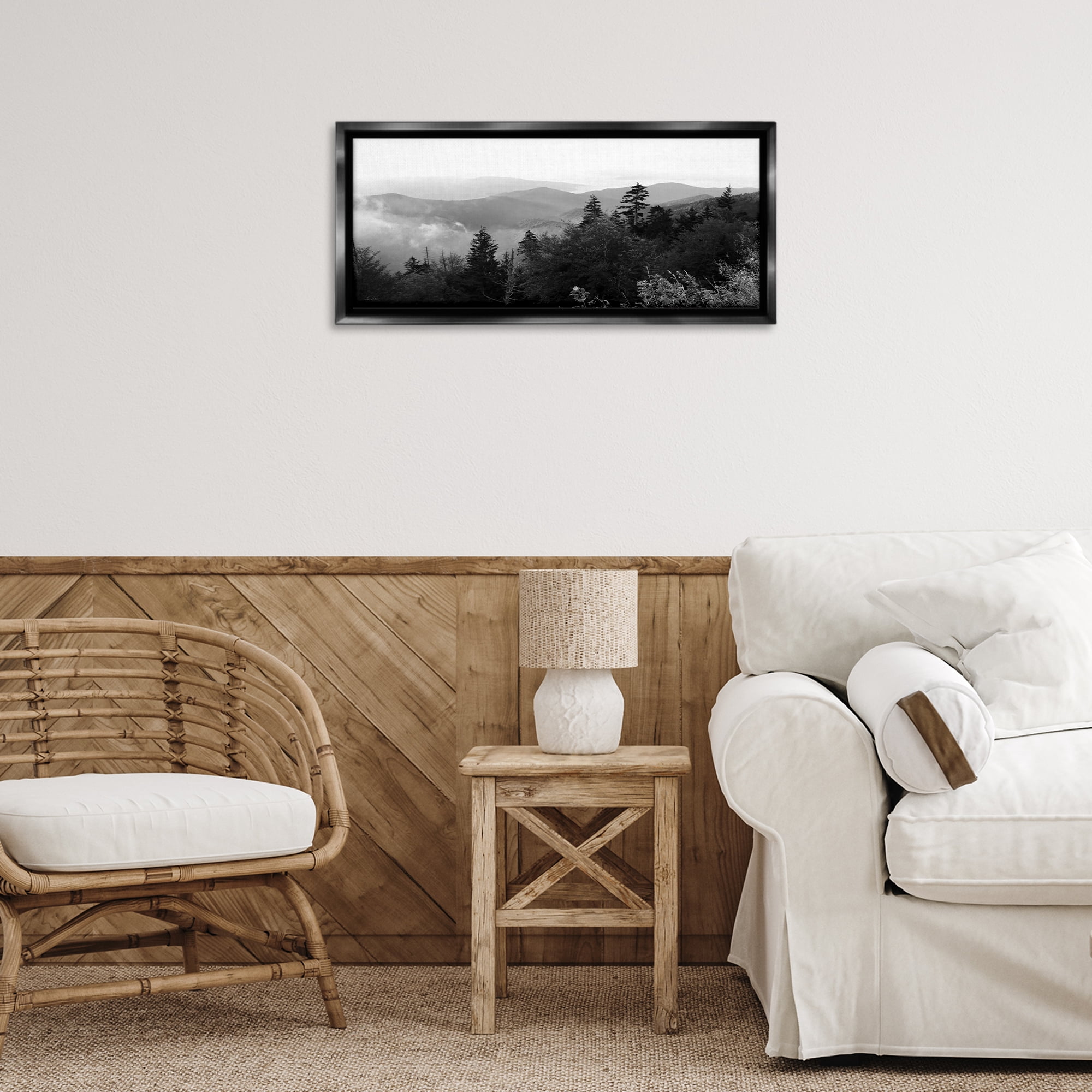 Stupell Industries Mountainous Trees Horizon Landscape & Nature Photography Black Floater Framed Canvas Art Print Wall Art, 25 x 11