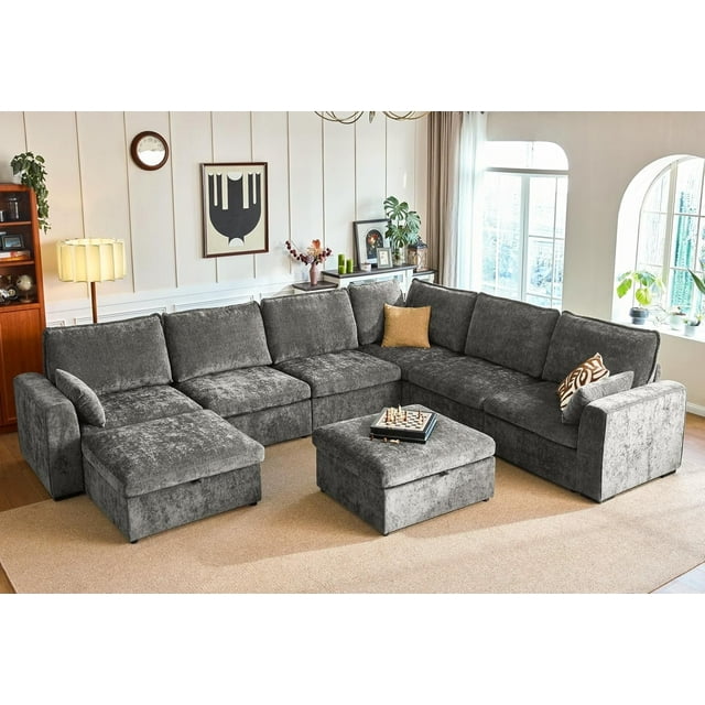 BEDEEP 155.9'' Modular Sectional Sofa with Storage Ottoman, U Shaped Chenille Cloud Couch, Convertible 8-Seater Sofa with Chaise for Living Room, Grey