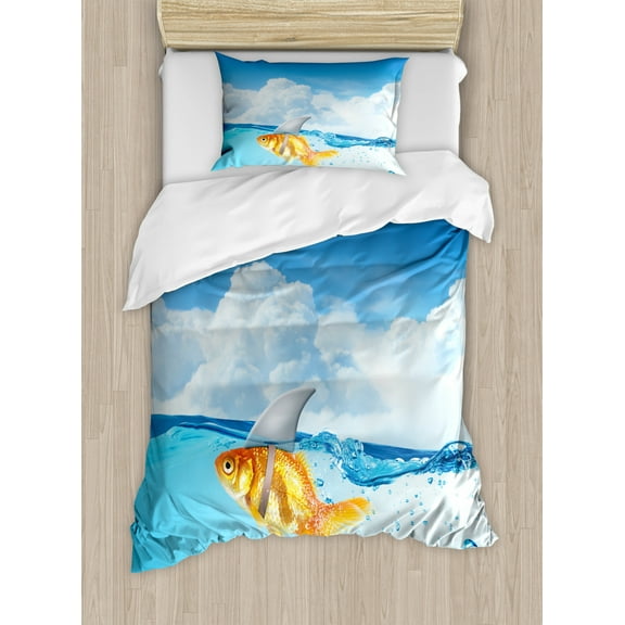 Shark Twin Size Duvet Cover Set, Cute Goldfish with Shark Fin on Top of the Water Fake Comical Humorous Nature Image, Decorative 2 Piece Bedding Set with 1 Pillow Sham, Blue Orange, by Ambesonne
