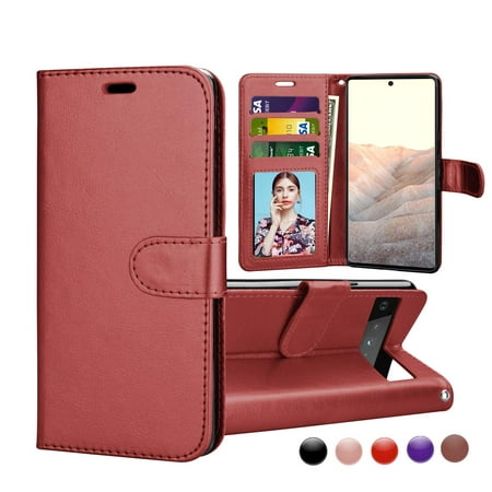 Njjex Case for Google Pixel 6 Pro / Pixel 6, Pixel 6 Pro Wallet Case, Pixel 6 Pro PU Leather Case, Wallet Case Cover [Stand Feature] with Wrist Strap [3-Slots] ID&Credit Cards Pocket -Wine Red