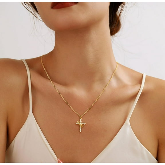 RTHG-Cross Necklace for Women, Dainty 14k Gold Plated/Silver Cross Crown Cubic Zirconia Pendant Necklace Trendy Gold/Silver/Rose Simple Necklace Fashion Jewelry for Women