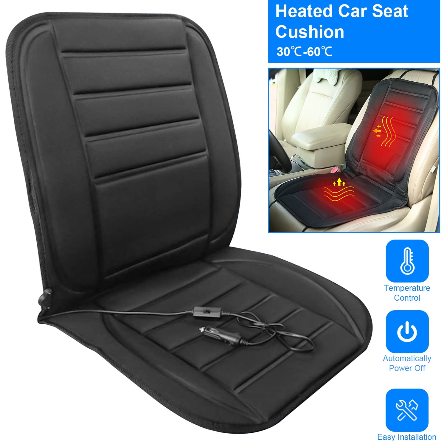 97 * 47cm 12V Car Heated Seat Cover USB Memory Foam Car Seat Heater Pad Auto Seat Non-Slip Heating Warmer Cushion FBYED Car Seat Cushion 2 Heating Settings Black 