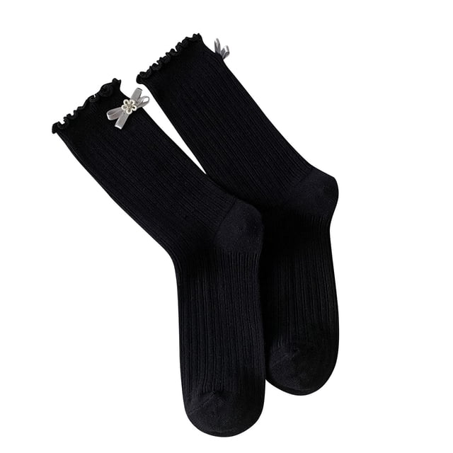 LckLvx Ruffle Socks for Women Cute Frilly Knit Socks with Bow Solid Color Casual Mid Calf Socks