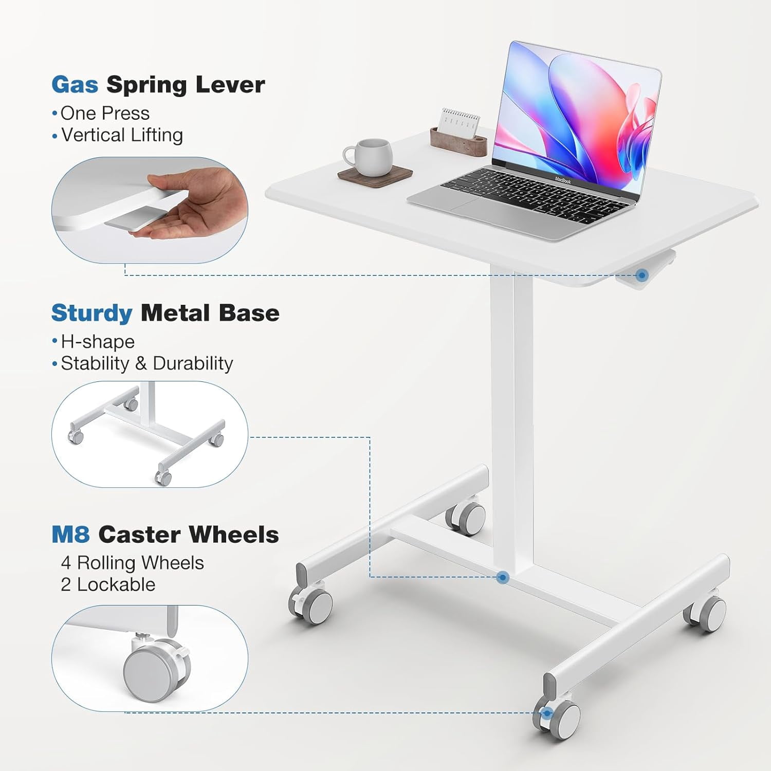 Small Mobile Standing Desk, Adjustable Rolling Laptop Table with Locking Wheels for Home Office, White