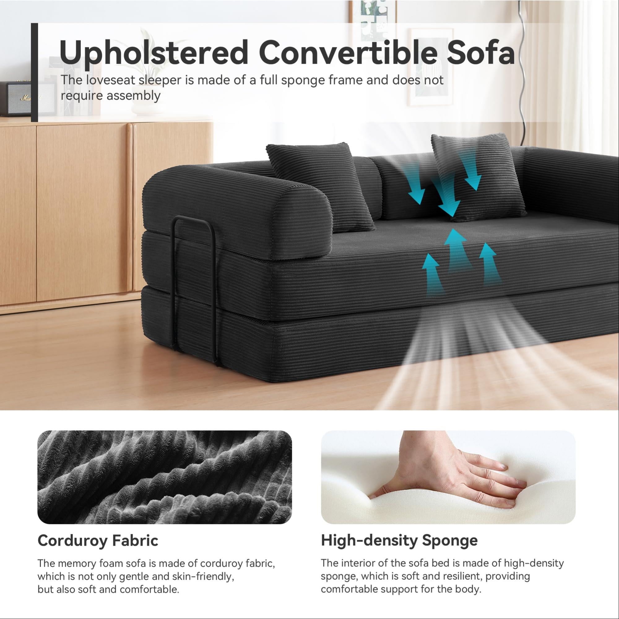 Aukfa 79" Chaise Futon Convertible Sofa Bed Boneless Couch with Fixed Frame, 2 Pillows, King Size, Corduroy, Black