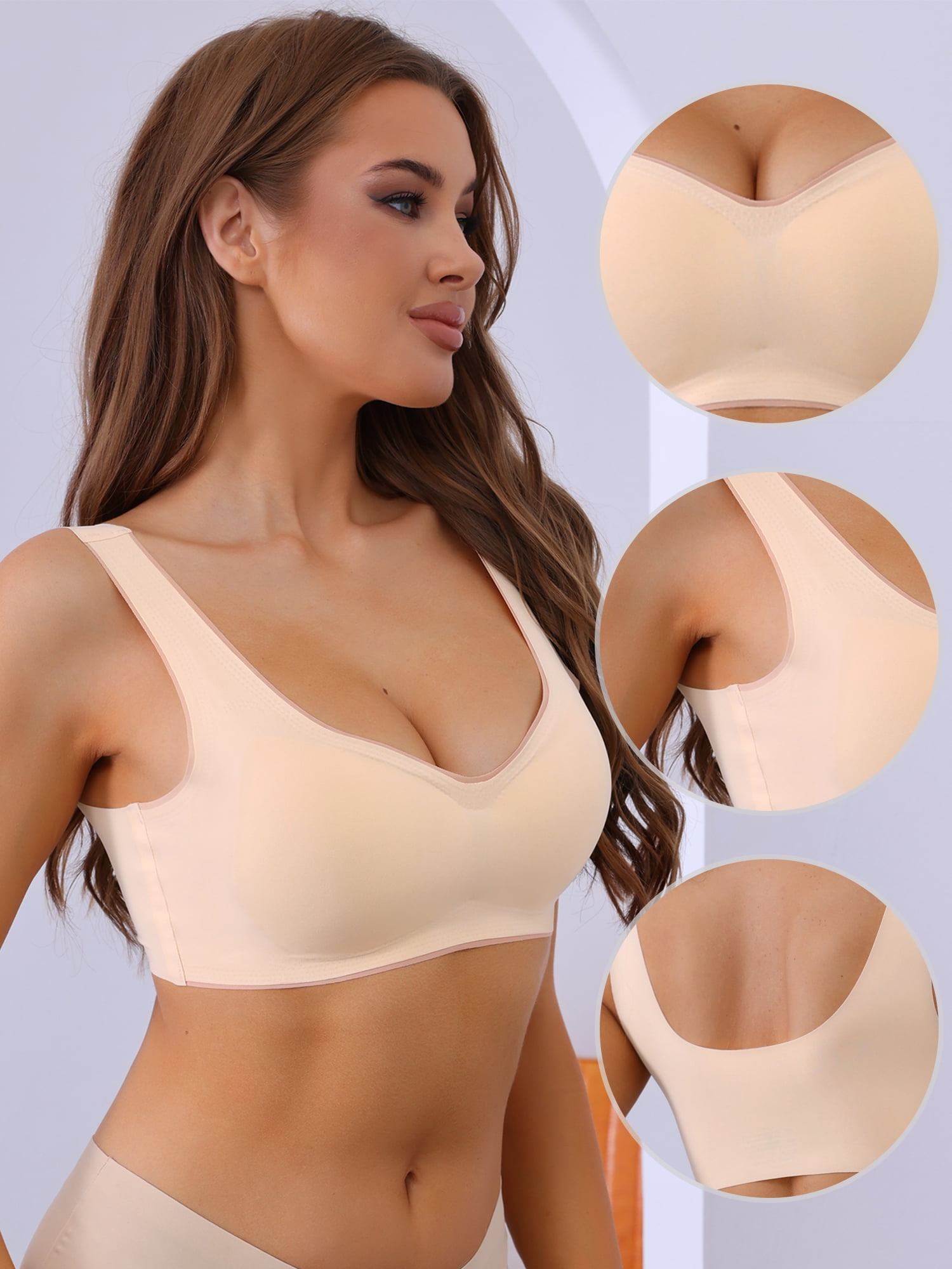 Unique Bargains Women's V-Neck Contrast Trim Pullover Wireless Bras S Beige