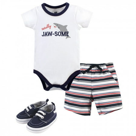 

Hudson Baby Infant Boy Cotton Bodysuit Shorts and Shoe 3pc Set Jawsome 9-12 Months