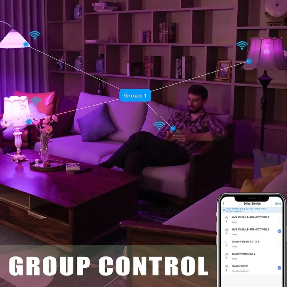 Homevenus Smart Light Bulbs, 9W A19 RGB Color Changing LED Light Bulb with Music Sync Controlled Via Wi-Fi & Bluetooth, Dimmable Tunable White, Works with Alexa Google Assistant, 4 Packs