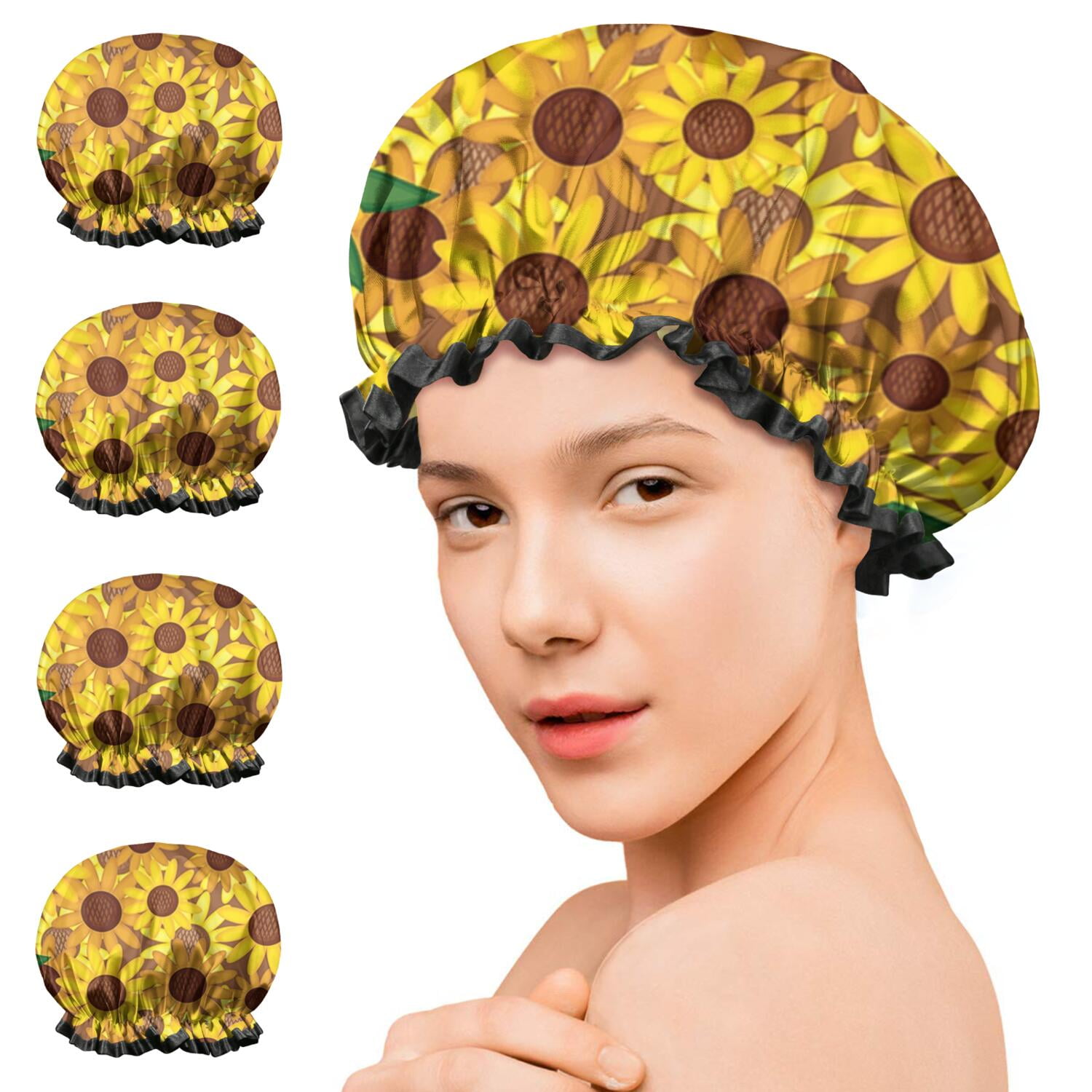 Shower Caps,Brown Yellow Sunflower Pattern Waterproof Shower Cap for Women 4 Pieces,Double Reusable Hair Cover for Shower PEVA Elastic Stretch Hem