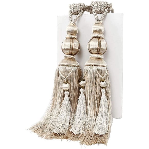 1 Pair Handmade Rope Curtain Tiebacks with Tassels for Rope Drape Window Curtains for Home or Office Decoration,Beige