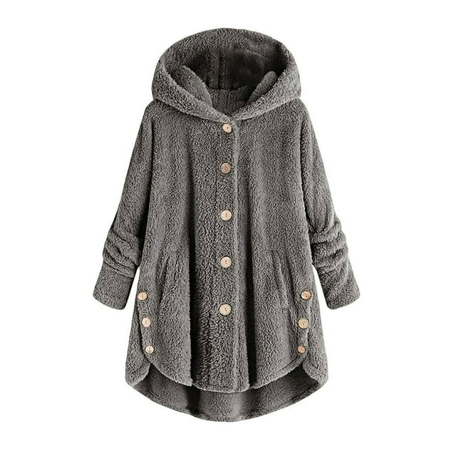 Lindbes Clearance Womens Plus Size Button Jacket Plush Solid Color Hooded Jacket Loose Cardigan Coat Winter Jacket Sweater