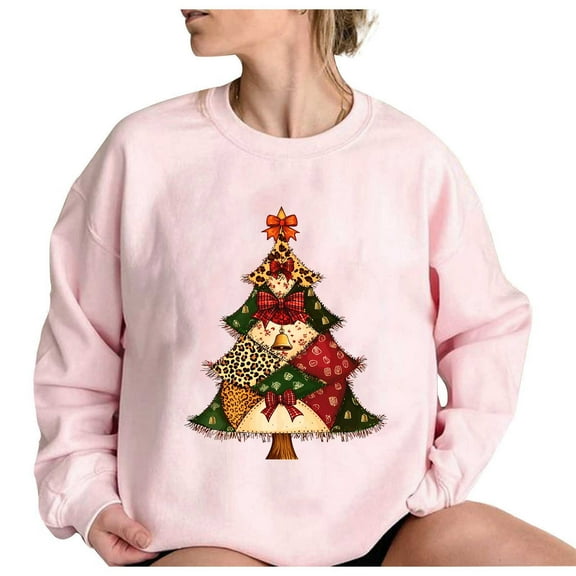 SwiftWear Pink Christmas Themed Crewneck Pullover Sweatshirt for Women - Holiday Print Long Sleeve Tops Cozy No-Hood Design with Festive Graphic