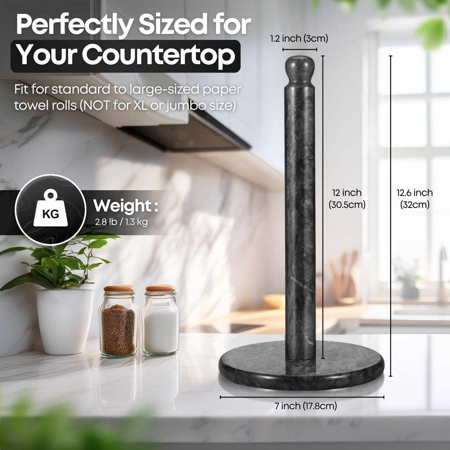 Marble Paper Towel Holder 12 inch (Black Marble) Kitchen Paper Towels Roll Dispenser Stand Rack with Marble Pole and Weight Base for Countertop Tables Home Dining Bathroom Storage