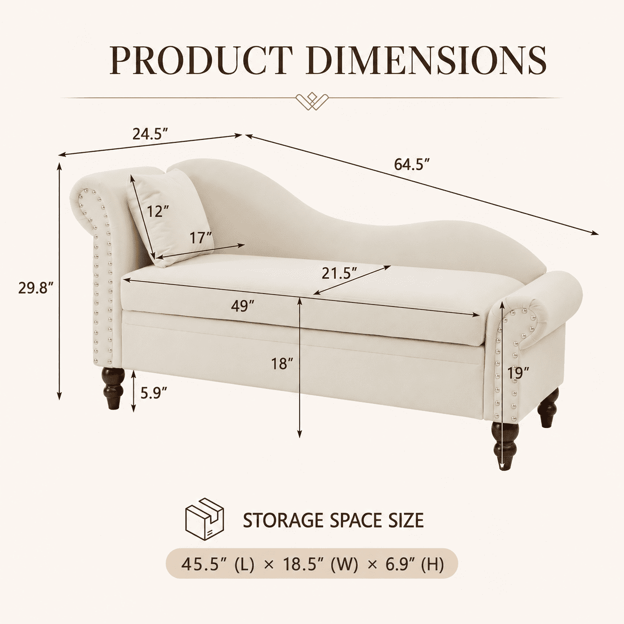 Aukfa 64.5" Modern Velvet Chaise Lounge with Storage, Left Armrest Lounge Sofa with Silver Nailhead Trim & Lumbar Pillow,Beige