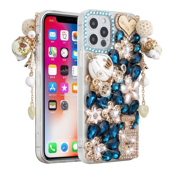 Designed for Apple iPhone 15 (6.1") Bling Crystal 3D Full Diamonds Pearl Luxury Sparkle Transparent Rhinestone Glitter Phone Case Cover [Ultimate Multi Ornament Blue]