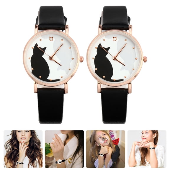 BESTYASH 2Pcs Female Watches with Cat Pattern Adjustable Belt in Black Zinc Alloy for Casual Wear