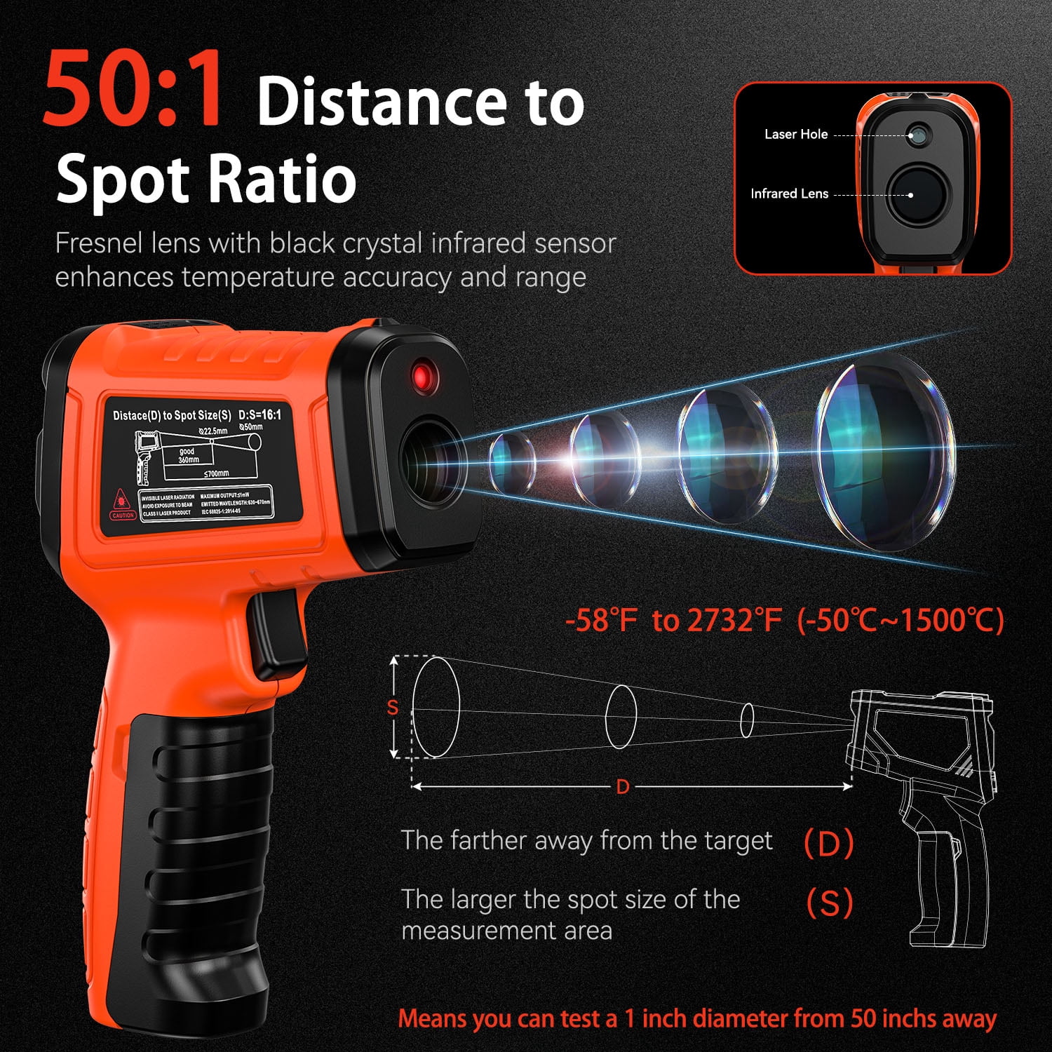50:1 Infrared Thermometer Gun -58°F to 2732°F with K-Type Probe, High-Temp Laser ，Humidity Display