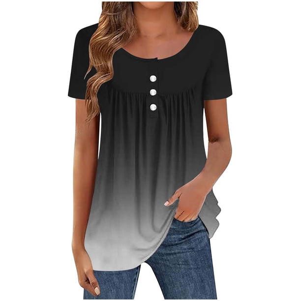 Mujeres de Verano Tops de Manga Corta Impresa Casual Cuello Redondo Plisado Superior 95% Poliéster 5% Spandex, Blusa de Moda para Todas las Estaciones