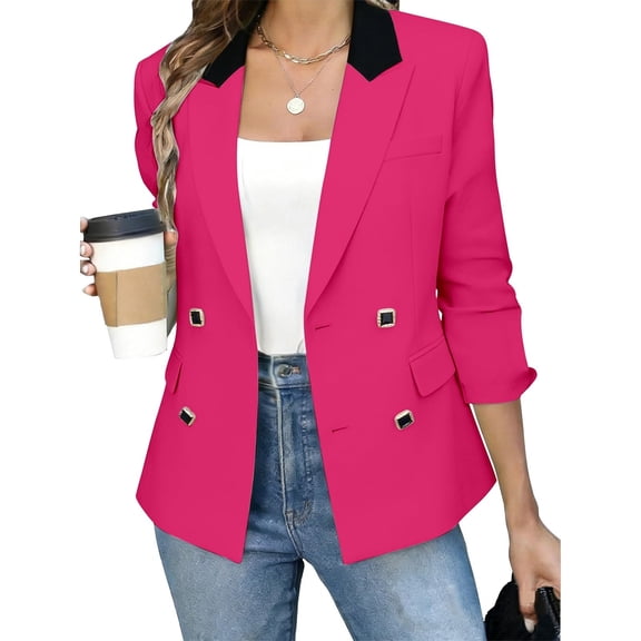 Yteetum Women's Double Breasted Button Blazers Turndown Collared Work Office Suit Jackets Women Fall Colorblock Loose Comfy Long Sleeve Lapel Business Blazer Dressy Jackets