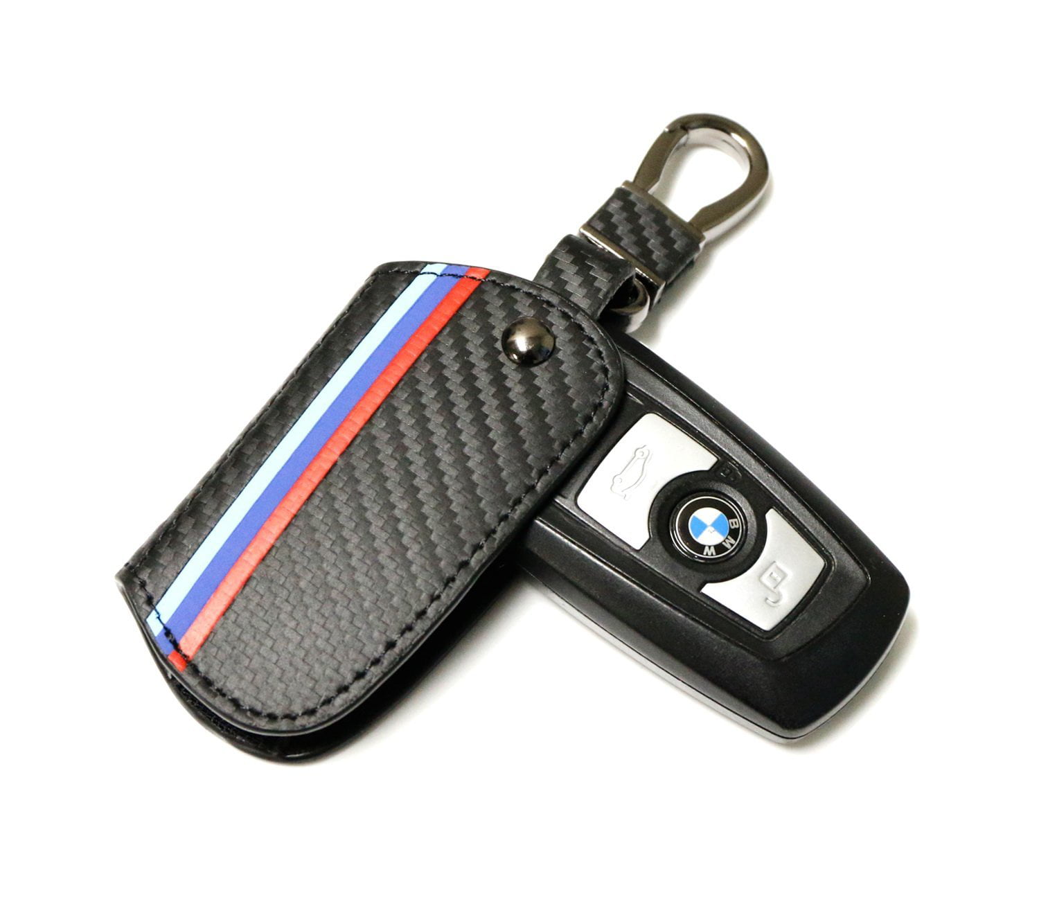2015-up X6 iJDMTOY M-Colored Stripe Black Carbon Fiber Pattern Leather Key Holder with Keychain Compatible With 2016-up BMW X1 2019-up X4 2017-up 5 Series & 2016-up 7 Series Remote Fob 2014-up X5 