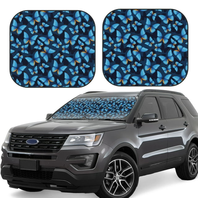 Lukts Blue Butterfly Print 2 Piece Car Sun Shade Windshield,Foldable Car Shade Front Windshield with Keeps Your Vehicle Cool-Medium