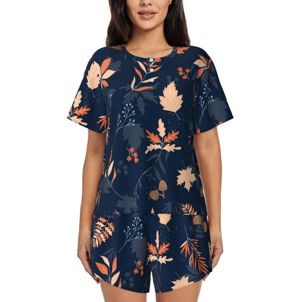 Fotbe Autumn Leaves With Blue Conjunto de Pijama Estampado para Mujer, 2 Piezas, Ropa de Dormir con Camiseta de Manga Corta y Shorts Suaves-XX-Large