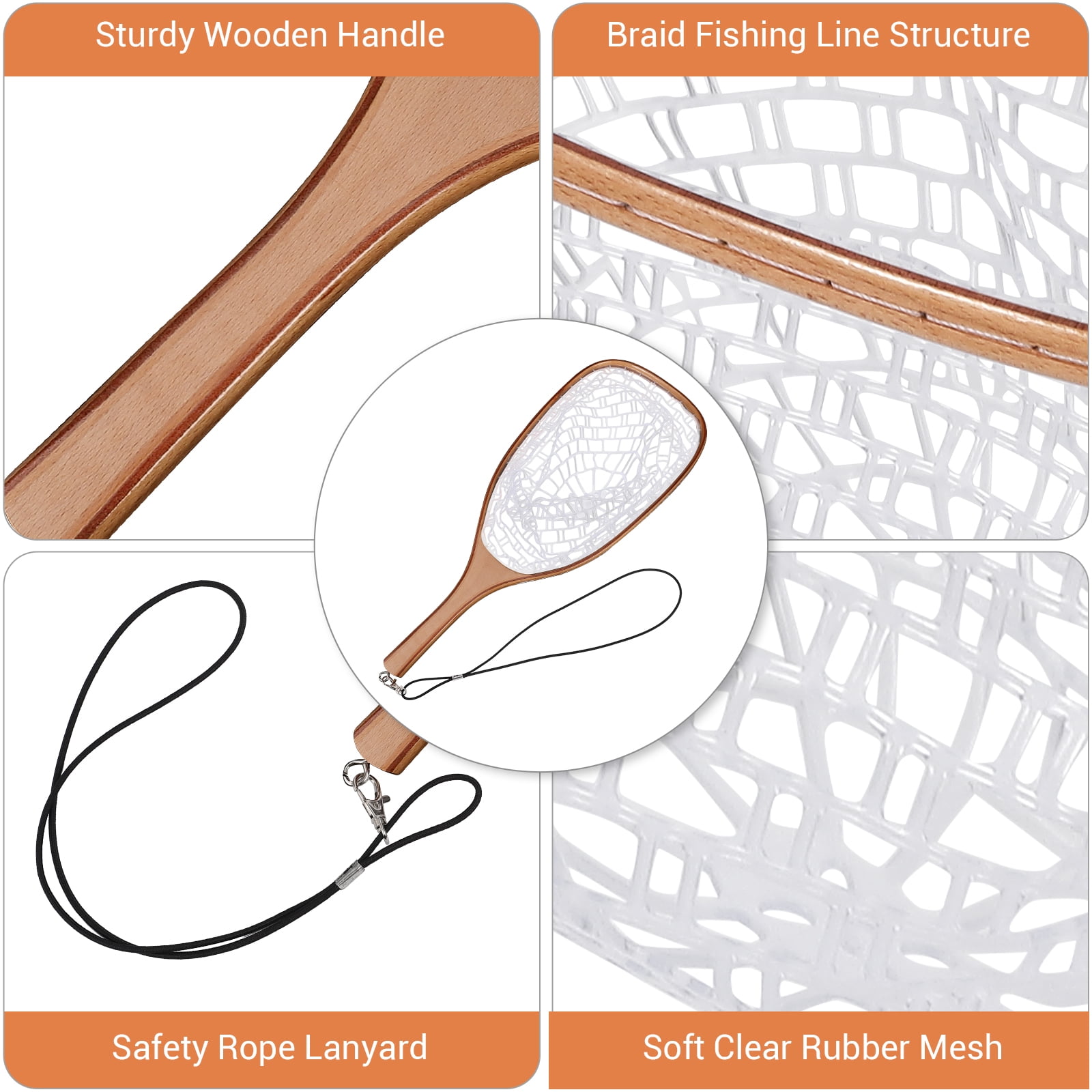 Wooden Fly Fishing Net - Soft White Silicone Mesh, Beech Wood Straight Handle, Lightweight, Durable, Safe Catch & Release, For Trout, Bass, Freshwater & Saltwater
