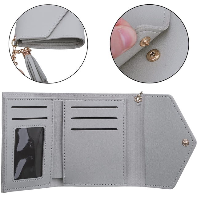 Cartera pequeña y compacta para mujer con tarjetero con ventana de identificación Mini monedero minimalista para mujer Cartera delgada con borla para mujer y niña (gris claro) brillar Electrónica