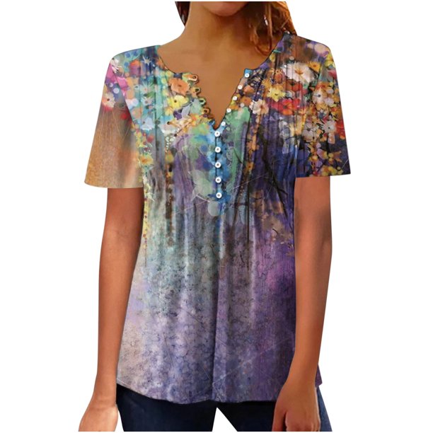 Gibobby Playera de manga corta con cuello en V Mujeres verano impresión moda Sexy botón Cardigan manga corta camisa cuello Casual túnica ajustada ropa Tops(Morado,XL)