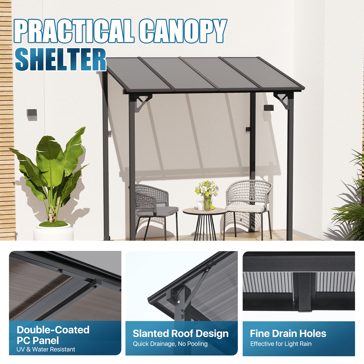 BaPiPro Outdoor Hardtop Gazebo for Patio 8' x 5', Wall-Mounted Lean to Gazebo Pergola with Roof