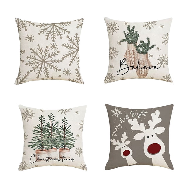 Christmas Pillow Cover Set 4 Pack, Winter Holiday Decorative Pillow Cases for Sofa Couch Bed, Square Throw Pillow Covers with Invisible Zipper, Machine Washable Festive Home Decor Accents