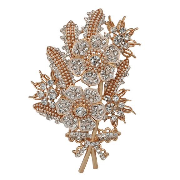 Flower Brooch Clear, Pearl Crystal Floral Brooch, Rose Gold