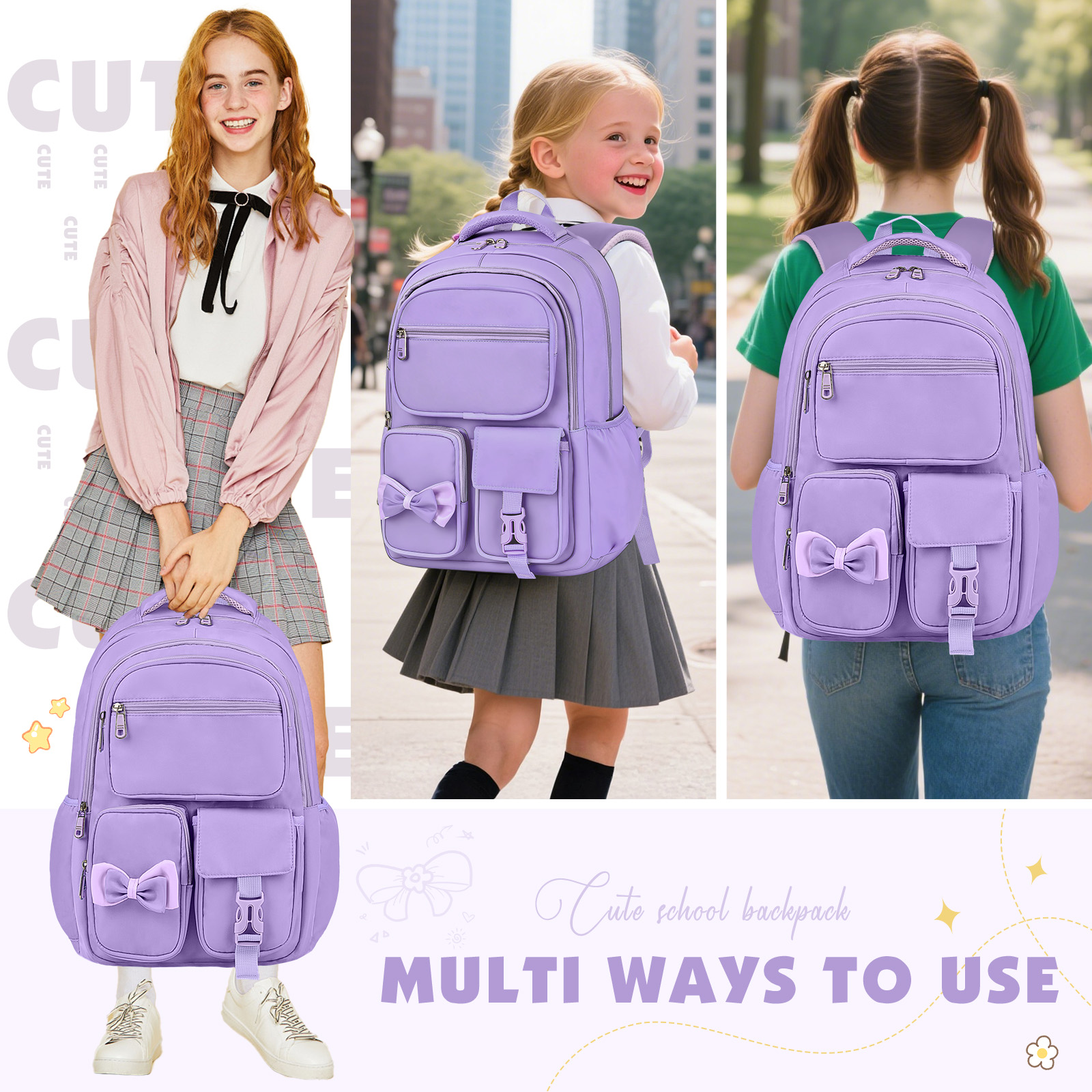 DAKIMOE Kids School Backpack with Bow, Purple photo 6