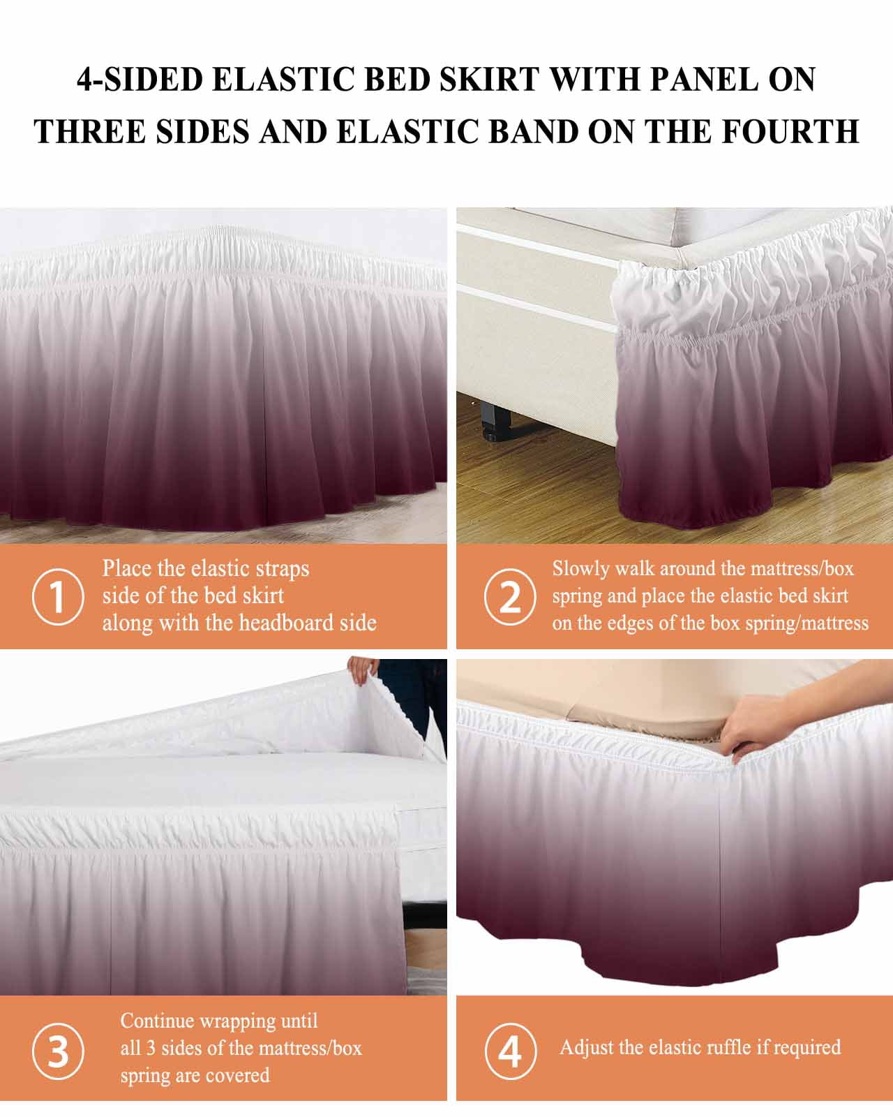 Romantic Burgundy Bed Skirt King Size 18" Drop Gradient Ruffled Wrap Around Bed Skirts Adjustable Elastic Bedskirt Dust Ruffle for King Size Bed