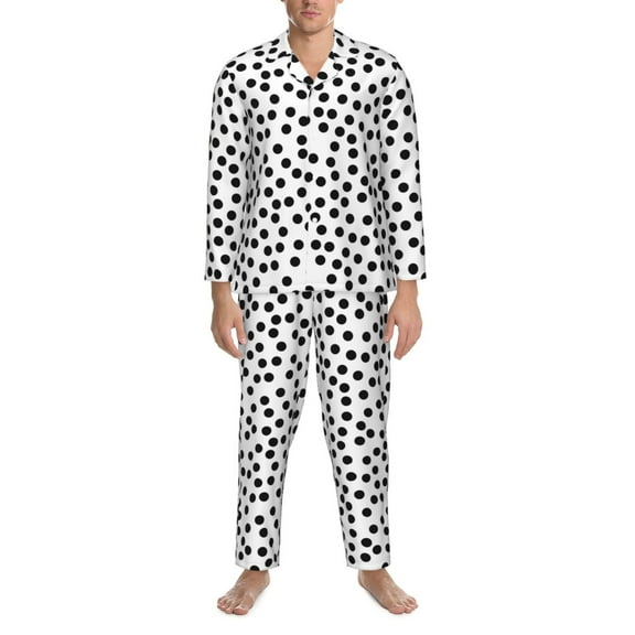Mens Pajamas Set - Black White Irregular Polka Dot Comfy Long Sleeve Button Up Pajama Sets for Men 2 Piece, Soft Sleepwear Nightwear Pjs Lounge Sets for Men with Pockets