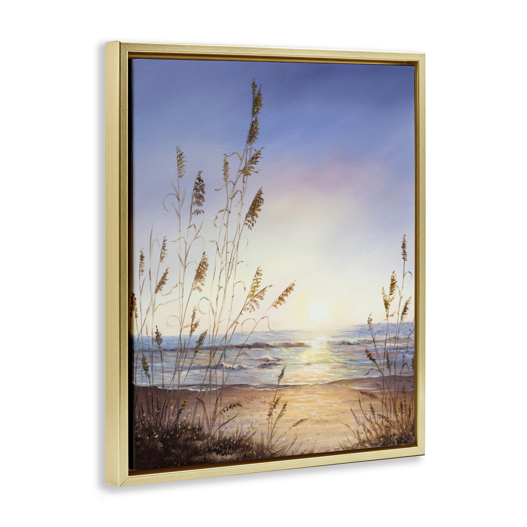 Seascape with Sunlit Grasses Gold Framed Floater Canvas Wall Art, design by Michelle Faber
