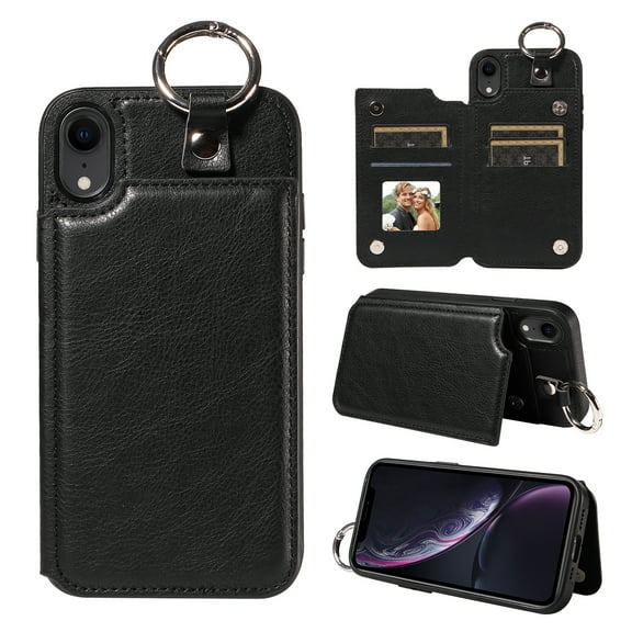 Nalacover for iPhone XR Wallet Case with Card Slots & Metal Finger Ring, Durable PU Leather Back Double Magnetic Botton Flip Kickstand Purse Shockproof Phone Case,Black