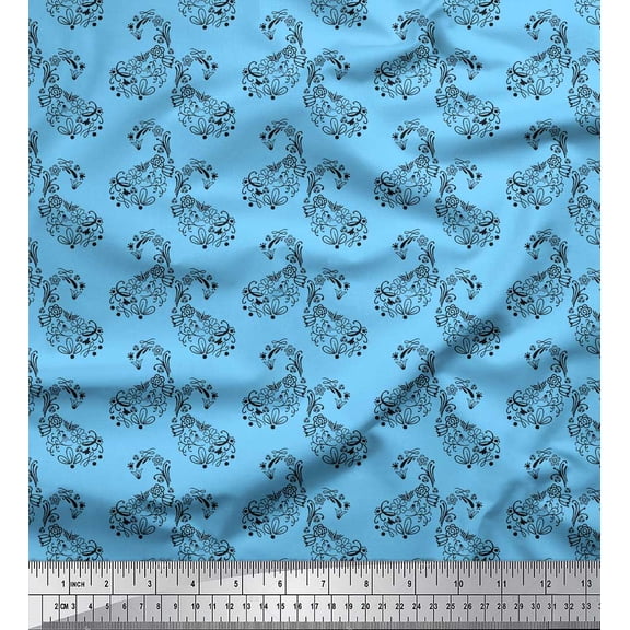 Soimoi Blue polyester Crepe Fabric Black Sketch Floral & Paisley Fabric Prints by Yard 42 Inch Wide