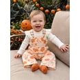 thumbnail image 6 of RUINIXCW Baby Girl Halloween Outfit Ribbed Long Sleeve Romper and Bow Pumpkin Floral Print Overalls 2 Pcs Set, 6 of 9