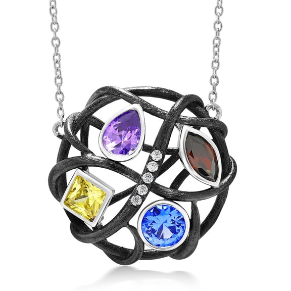 Gem Stone King Women's 925 Silver Multi-Color CZ Openwork Twist Circle Pendant 18 inches Silver Chain