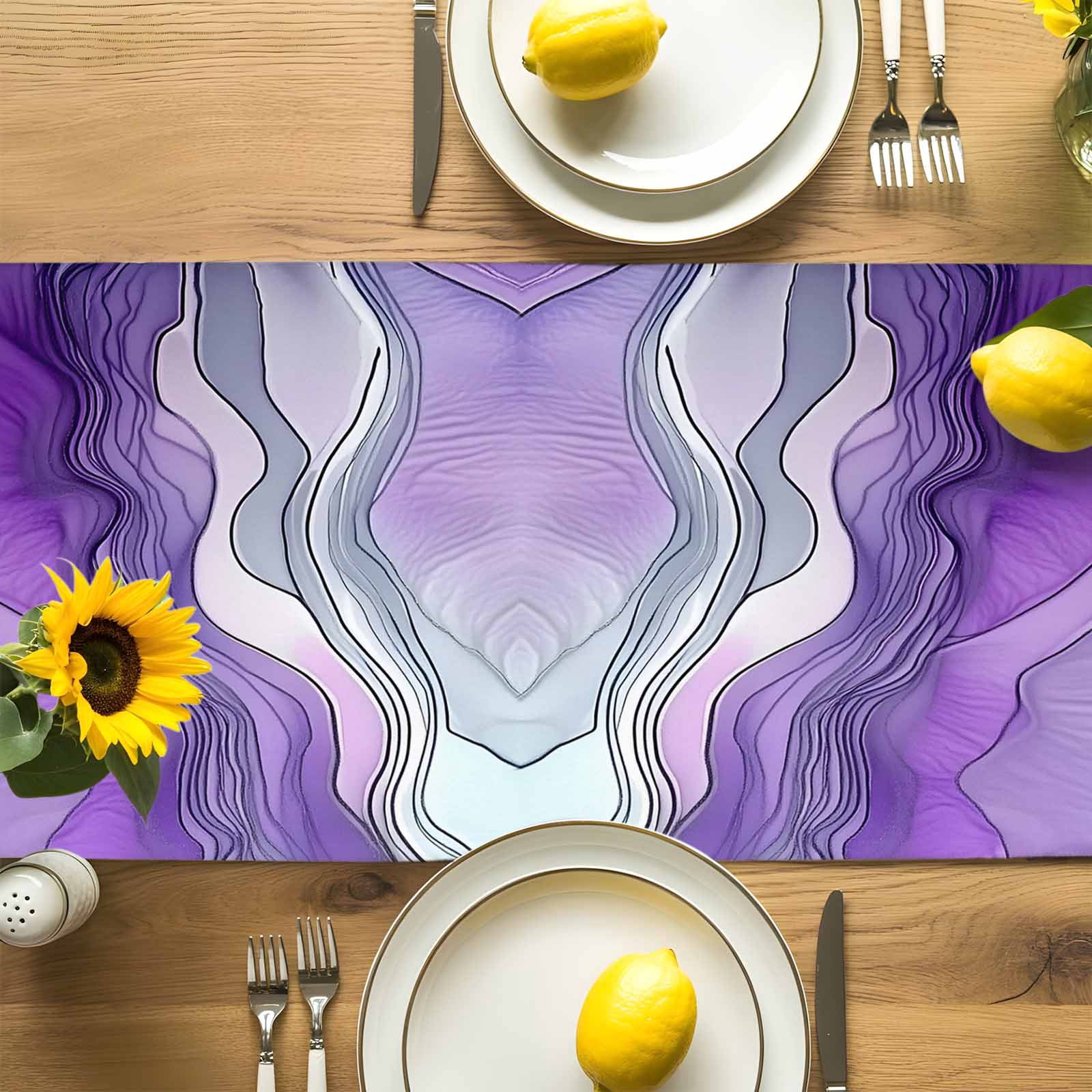 Abstract Art Purple Gray Wave Table Runner 90 Inches Long, Vintage Marble Texture Table Runners Tabletop Scarf Kitchen Dining Tables Decoration for Home Party Indoor Outdoor