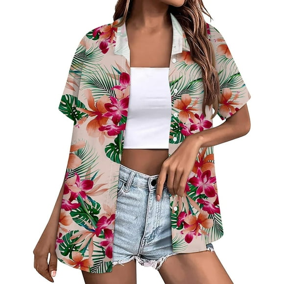 Alitao Womens Cardigan Cropped Cardigan Shirt Soft Cool Summer Shirt Floral Tropical Print V Neck T Shirt Short Sleeve Button Lapel Top Lightweight Cardigans Womens Blouses Khaki 4XL