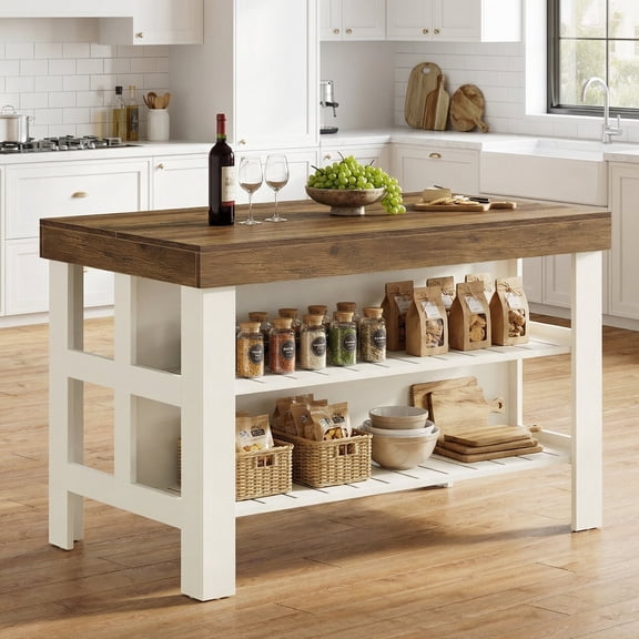 Fnova 55" Kitchen Island with Storage, Farmhouse Wood Kitchen Storage Cabinet, Large Stationary Island Table for Kitchen Dining Room, White＆Brown
