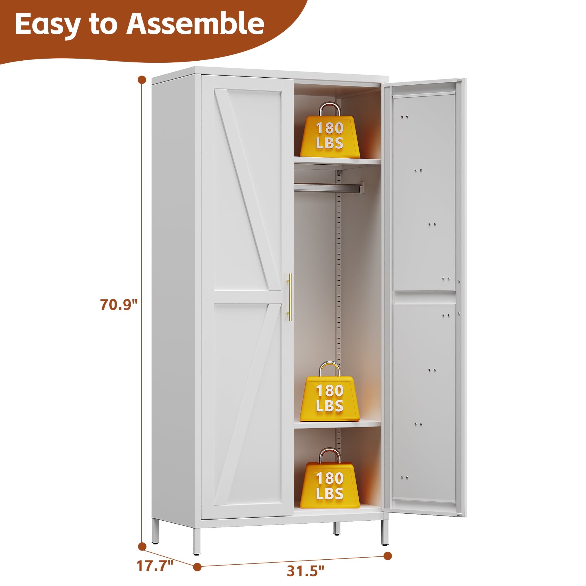 GangMei Metal Storage Cabinet Locker with Hanger Rod and Adjustable Shelves, Large Steel Cabinet for Living Room,Office,School,Gym,Garage,(White)