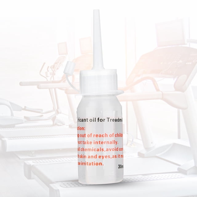 3 botellas de 30 ml de lubricante para cinta de correr reduce de fricción carga del motor protecioónnico de lubricante para cinta de correr antiestática aceite lubricante para, botella frontal translúcida de 30 ml con boquilla de aplicación larga y tapa de seguridad, líquido claro visible y etiqueta con texto; composición centrada sobre fondo desaturado de gimnasio con cintas de correr, indicada para mantenimiento y lubricación de banda y placa de funcionamiento en cintas de correr domésticas, también suele usarse para mantenimiento periódico de equipos de ejercicio.