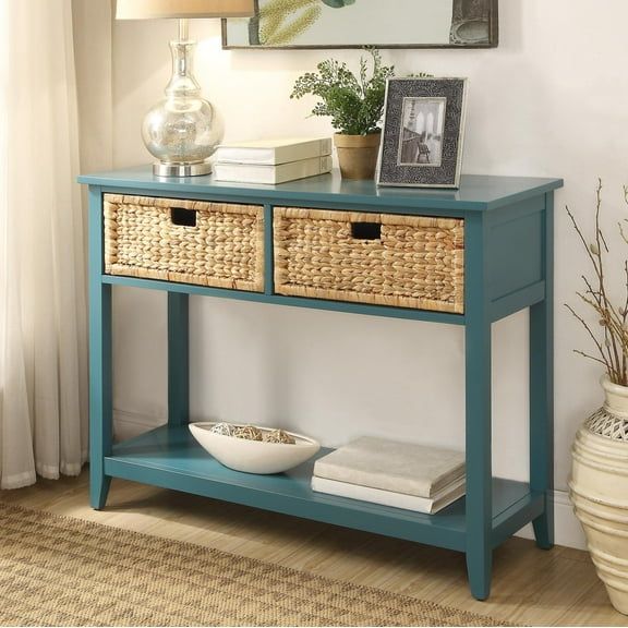 Gzxs Vintage Console Table with 2 Drawers and Open Shelf, Accent Sofa Table for Living Room Hallway Foyer, 44"L x 16"W x 32"H, Teal