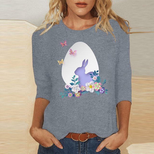EGNMCR Easter Chemise Imprimée T-Shirts Graphiques pour Femmes Chemises pour Femmes Mode Femme Décontractée Imprimé de Noël Col Rond Blouse Imprimée Manches 3/4 T-Shirt Blouses T-Shirts pour Femmes